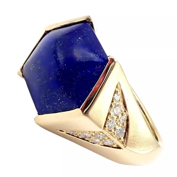 Authentic! Julius Cohen 18k Yellow Gold Diamond Lapis Ring - Picture 3 of 13
